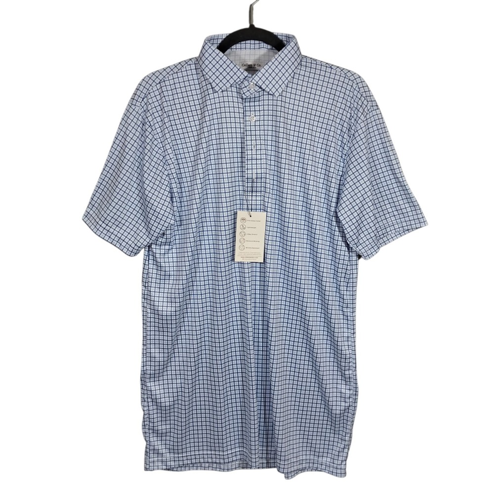 Collars & Co Men Semi Spread Collar Polo Shirt Large Tall Blue Tattersall Office